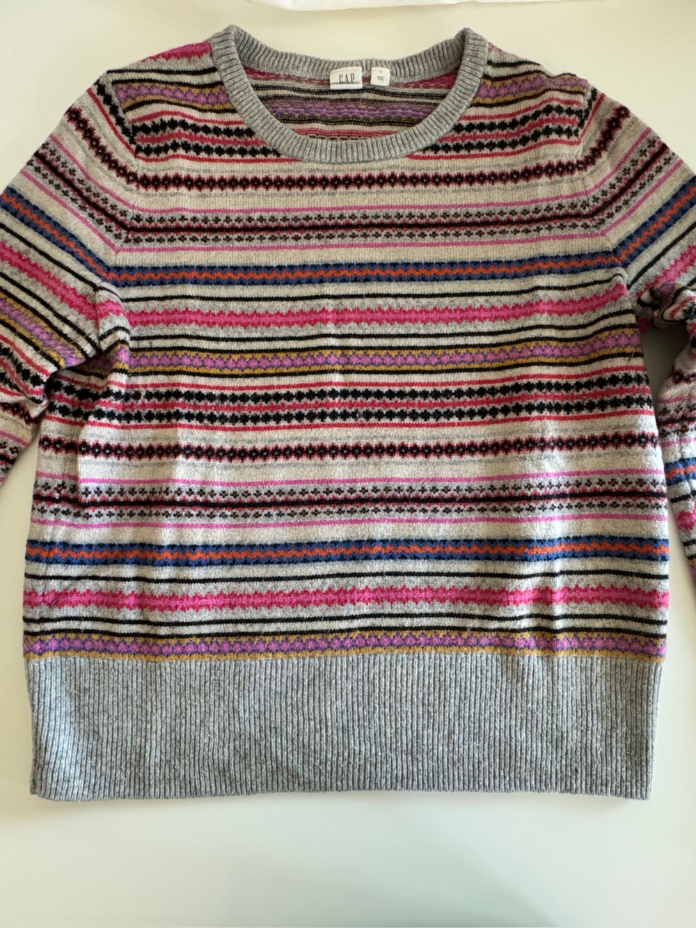 GAP Gray Stripe Crewneck Sweater with Pink, Blue & Purple Accents
